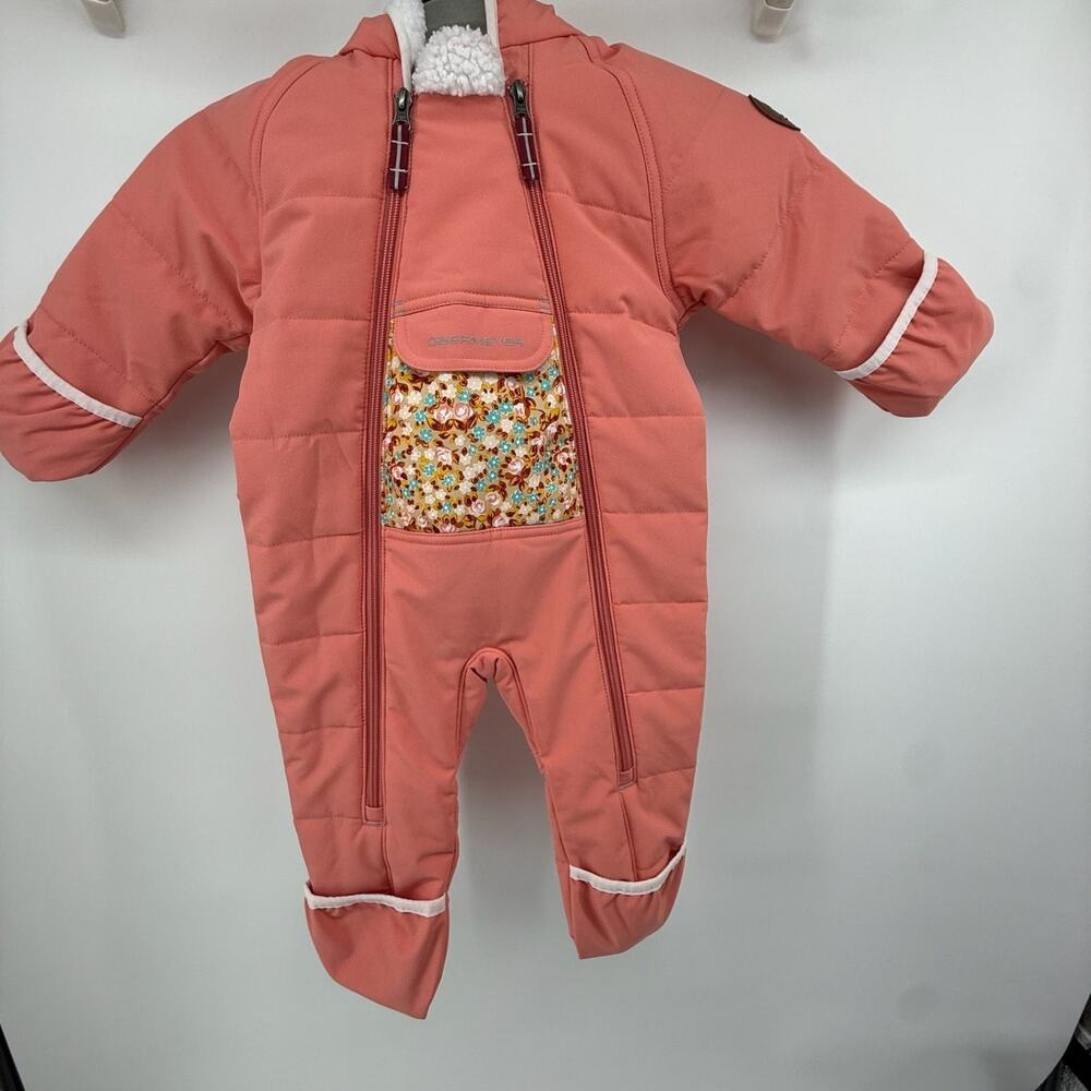 Obermeyer Baby Snowsuit Bunting Coral Pink Floral Pompom Hooded 12-18M Winter
